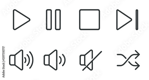 Linear media player icons set: play, pause, stop, sound, shuffle