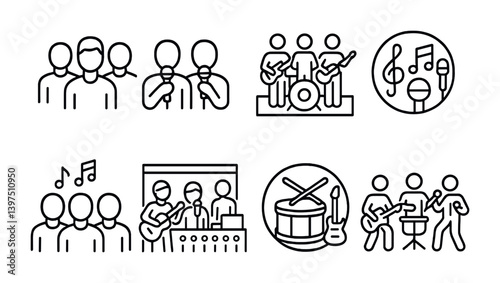 Music band icon set: linear style with instruments, microphones, and performers