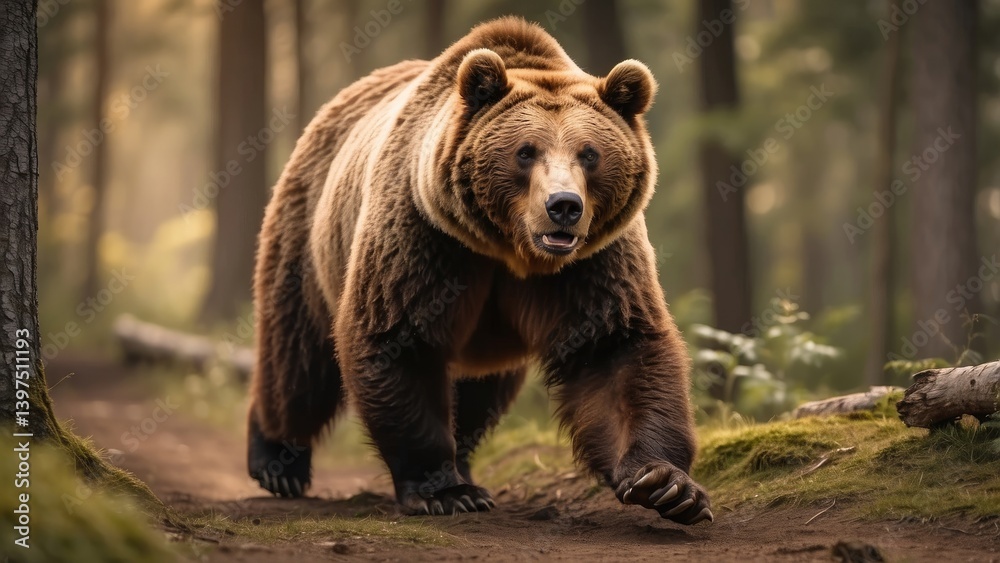 Fototapeta premium A fierce brown bear is captured mid-roar while charging forward in a forest setting