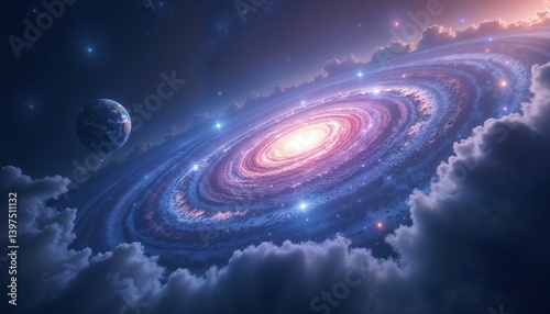 Cosmic view of a spiral galaxy with Earth in the distance during sunset