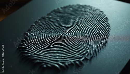 Intricate fingerprint detail captured on a dark surface showcasing unique patterns and lines
