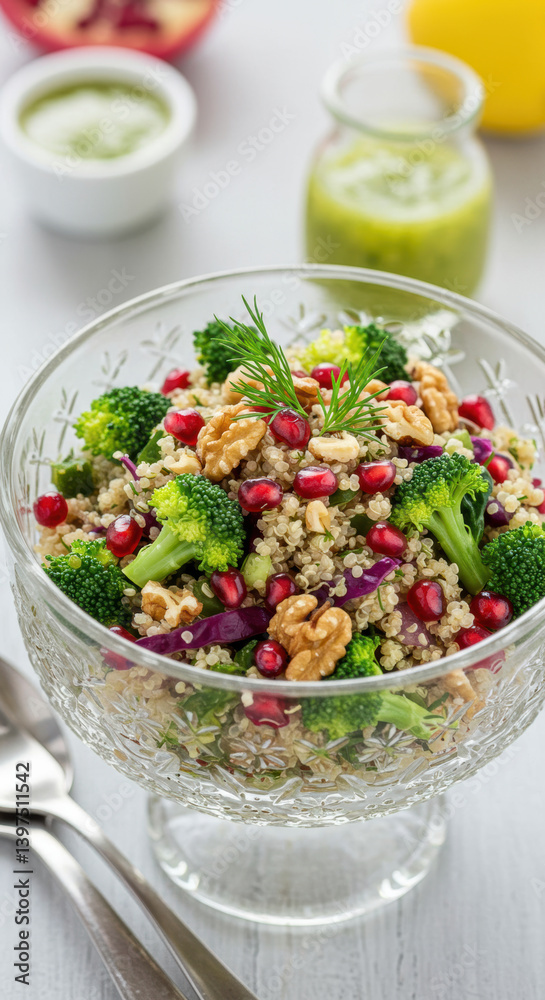 A vibrant and flavorful quinoa salad featuring fresh broccoli, and juicy pomegranate seeds. A vibrant and flavorful quinoa salad featuring fresh broccoli, and juicy pomegranate seeds.