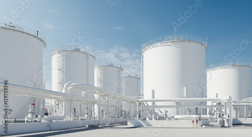 Clean Energy Power Plant: White Tanks and Pipes - Clean hydrogen energy, industrial facility, large white tanks, extensive pipe network, bright sunlight. Symbolizing: progress, sustainability