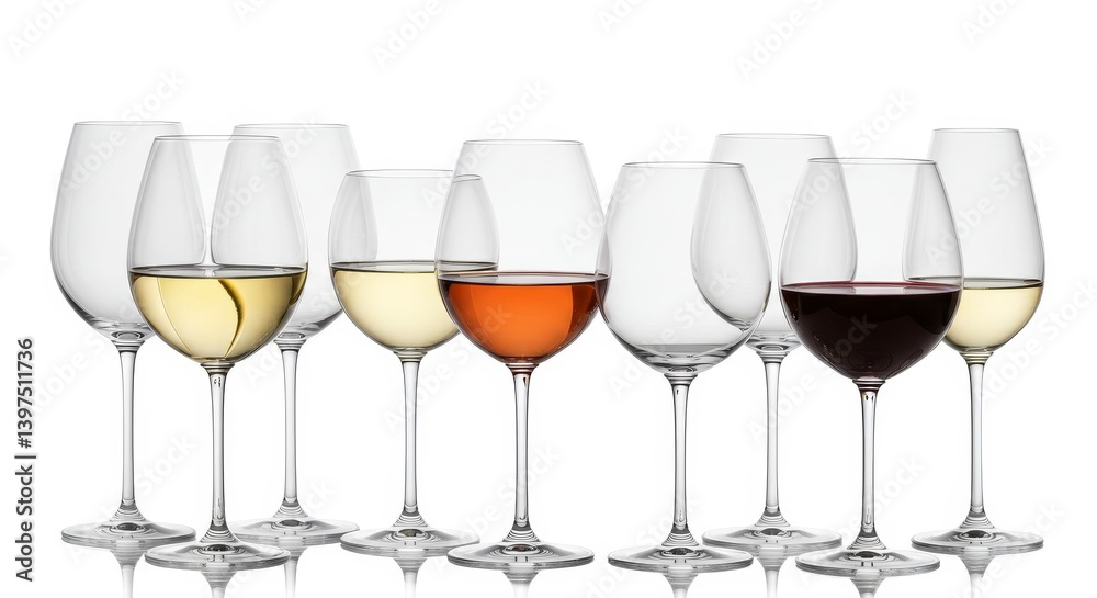 Collection of Wine Glasses - A set of elegant wine glasses filled with various types of wine, showcasing their shapes and colors against a white background Collection of Wine Glasses - A set of elegant wine glasses filled with various types of wine, showcasing their shapes and colors against a white background