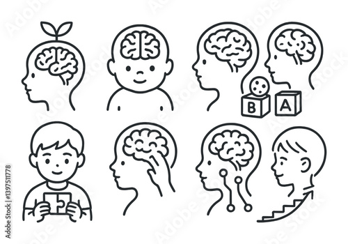 Linear icons set: child brain development, learning, education, growth, thinking