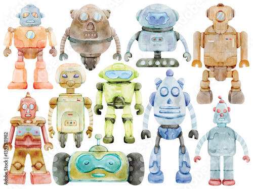 Watercolor Robot Clip Art Set Hand Painted Vintage Toy Mechanical Machine Android Retro Character Science Fiction