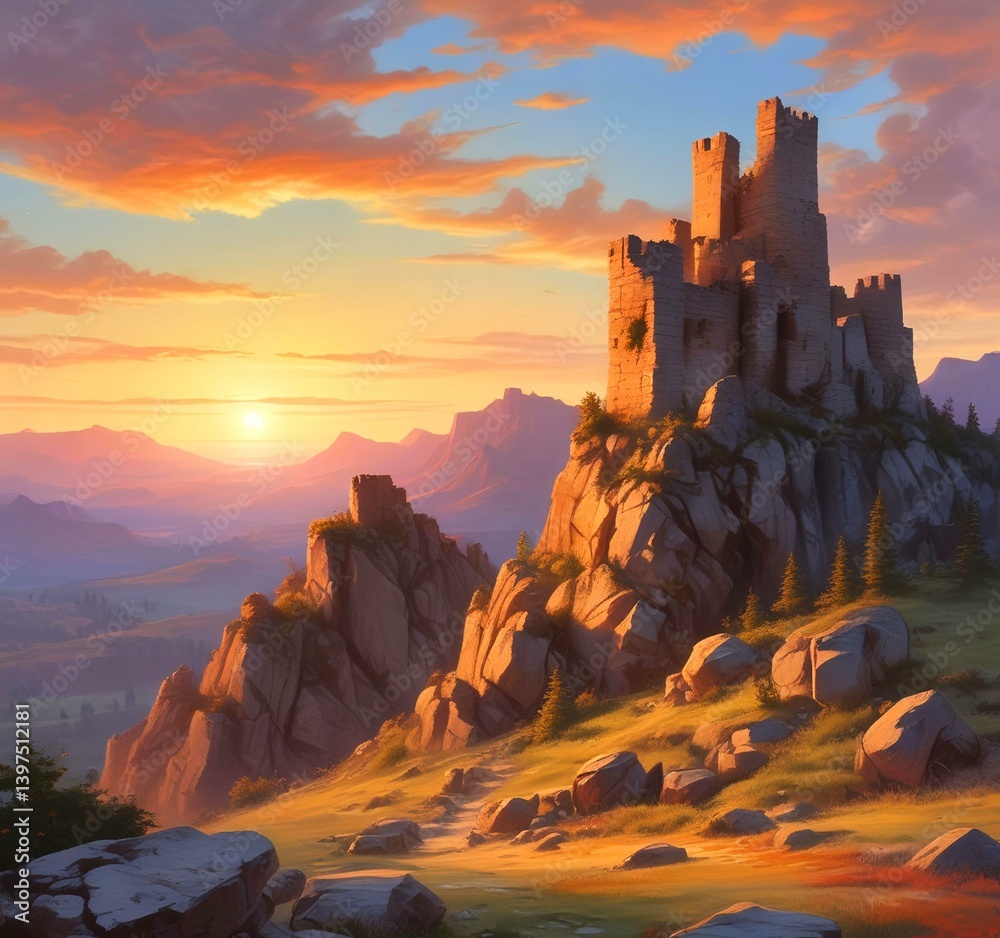 Fototapeta premium Illustration of landscape with old castle ruins.