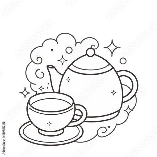 Elegant tea set vector with teapot, teacup, and whimsical steam clouds in minimalist line art style.