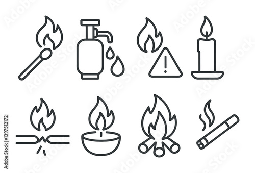 Fire safety icon set: linear style illustrations of various fire-related symbols