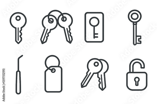 Linear key icons set: unlock, security, access, lock, house, door, password protection