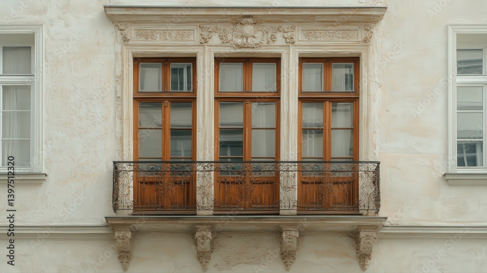 Weathered Off White Building Exterior with Ornate Wooden Balcony and Iron Railing