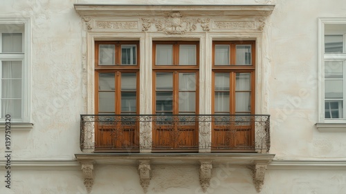 Weathered Off White Building Exterior with Ornate Wooden Balcony and Iron Railing