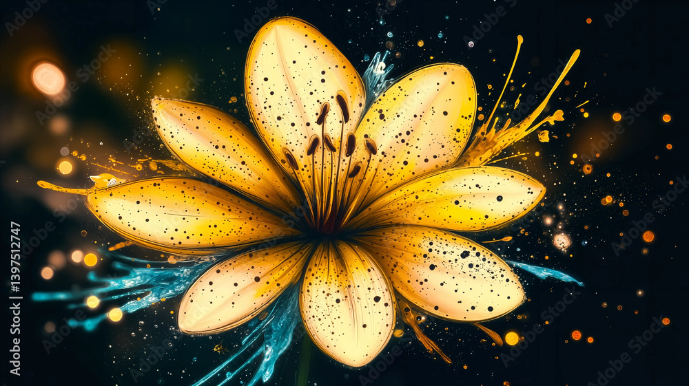 A vibrant, luminous yellow lily, detailed with dark speckles, bursts forth against a dark backdrop. Fluid streaks of teal and gold accentuate the flower's form.