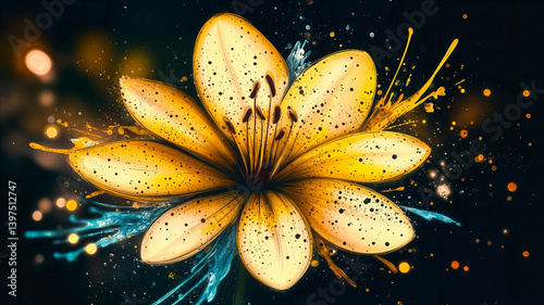 Obraz na płótnie A vibrant, luminous yellow lily, detailed with dark speckles, bursts forth against a dark backdrop. Fluid streaks of teal and gold accentuate the flower's form. w salonie