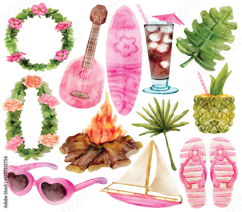 Watercolor Hawaiian Summer Clip Art Set Hand Painted Lei Surfboard Ukulele Pineapple Drink Fire Palm Tree Flip Flops Elements Illustration