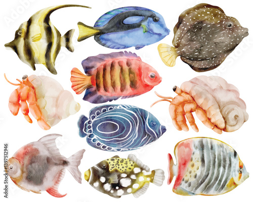 Watercolor Tropical Fish Clip Art Set Hand Painted Ocean Marine Life Angelfish Hermit Crab Ray Exotic Aquarium Illustration
