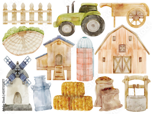 Watercolor Farm Clip Art Set Hand Painted Barn Tractor Hay Chicken Coop Fence Silo Windmill Bucket Sack Wheelbarrow Illustration
