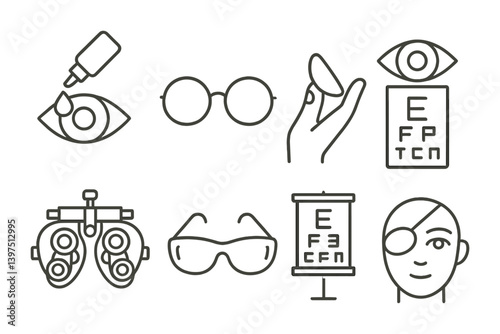 Optometry and eye care linear icons set: glasses, contacts, eye chart, and more