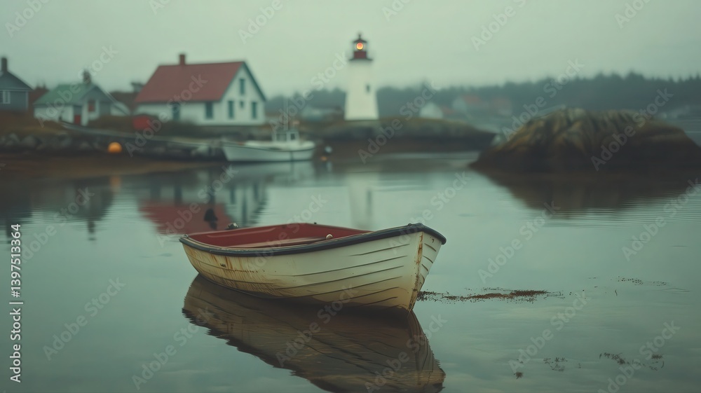 Weathered Rowboat in Foggy Coastal Village
