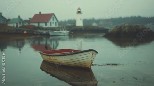 Weathered Rowboat in Foggy Coastal Village