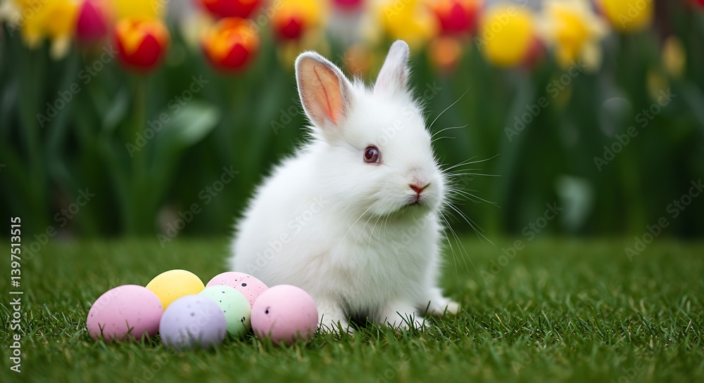 Obraz premium White Rabbit with Easter Eggs in a Spring Garden