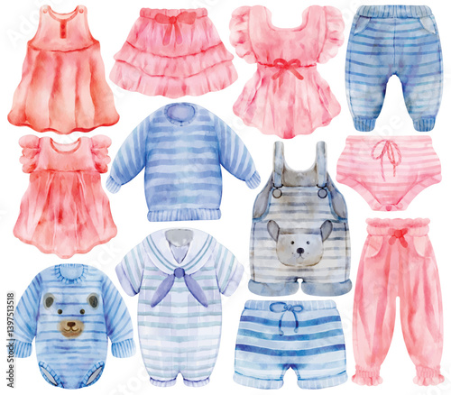 Watercolor Baby Clothes Clip Art Set Hand Painted Dress Romper Pants Sweater Shorts Skirt Bodysuit Overalls Illustration
