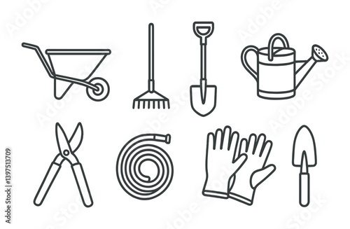 Essential gardening tools linear icons set: wheelbarrow, shovel, hose, rake, gloves, and more