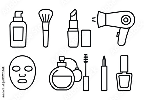 Beauty essentials linear icons set: makeup, skincare, and hair styling tools