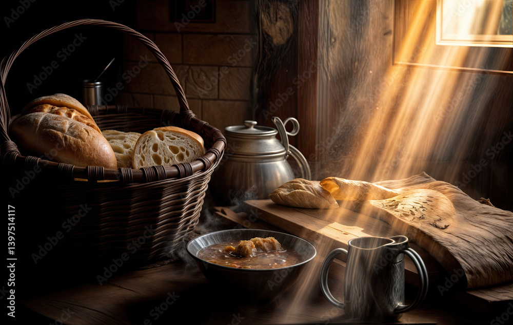 A rustic scene of warm bread, steaming soup, and sunlight streams through a window.