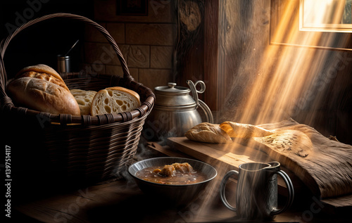 Obraz na płótnie A rustic scene of warm bread, steaming soup, and sunlight streams through a window. w salonie