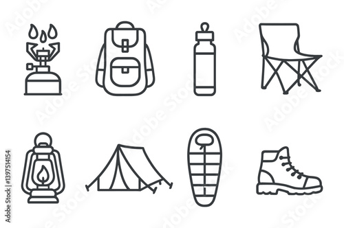 Essential camping icons set: minimalist linear style for outdoor adventures
