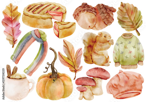 Watercolor Autumn Clip Art Set Hand Painted Fall Leaves Pumpkin Pie Acorn Sweater Mushroom Squirrel Scarf Hat Hot Chocolate Illustration