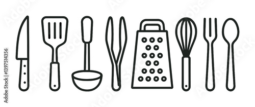 Essential kitchen utensils linear icons set for cooking and baking projects