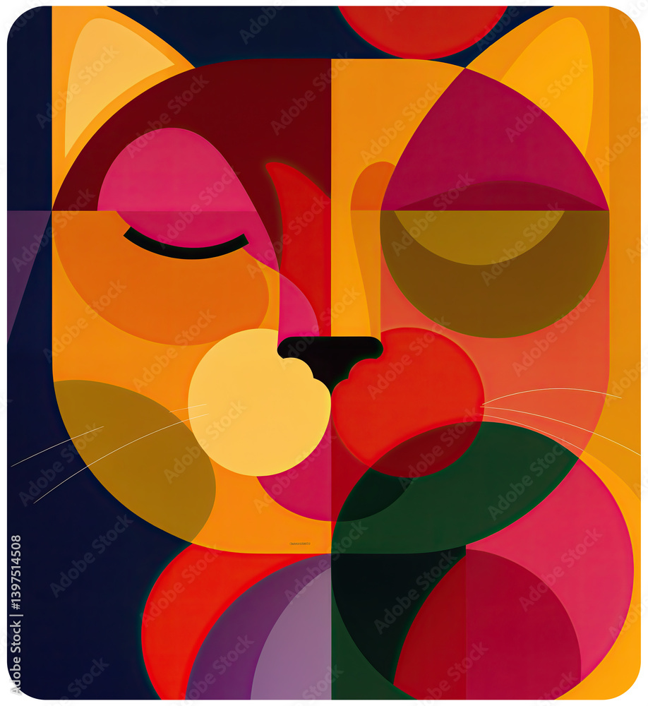 a colorful and abstract illustration of a cat's face, composed of various geometric shapes and vibrant hues. The colors range from warm oranges and reds to cool greens and purples.