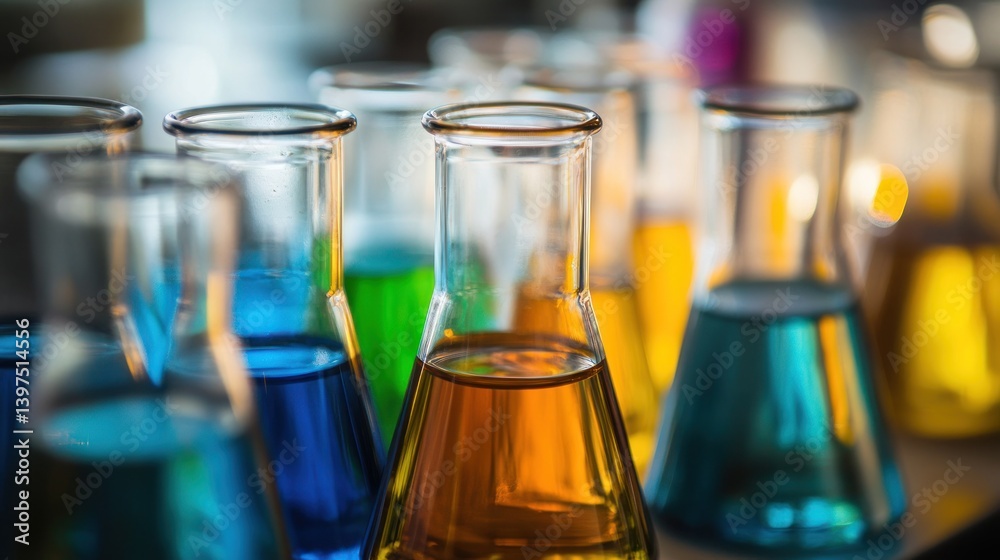 Colorful Chemistry: A Close-Up of Erlenmeyer Flasks Filled with Vibrant Liquids Colorful Chemistry: A Close-Up of Erlenmeyer Flasks Filled with Vibrant Liquids