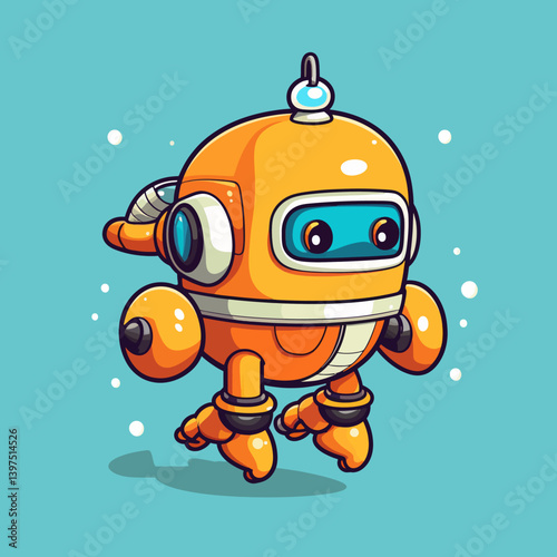 Cartoon diving robot blue background 