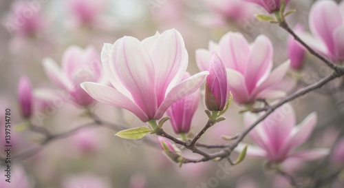Delicate Magnolia Blossoms - Soft pink and white magnolia flowers in full bloom on a branch. Gentle springtime scene