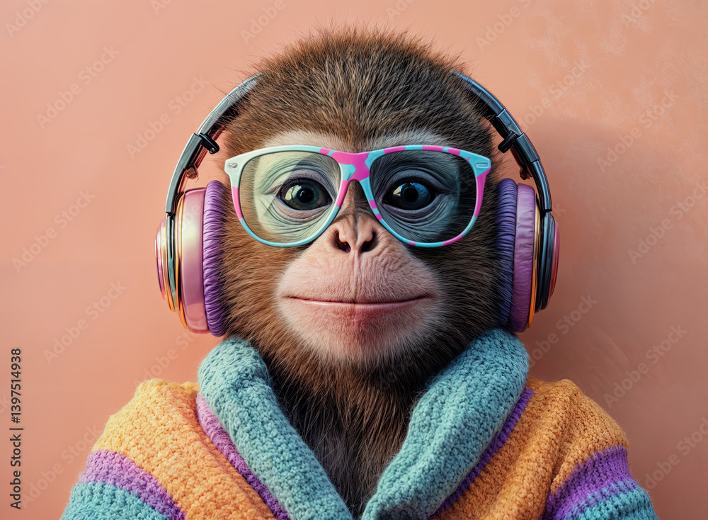 Close-up of a monkey wearing trendy headphones and glasses, radiating a joyful expression.
