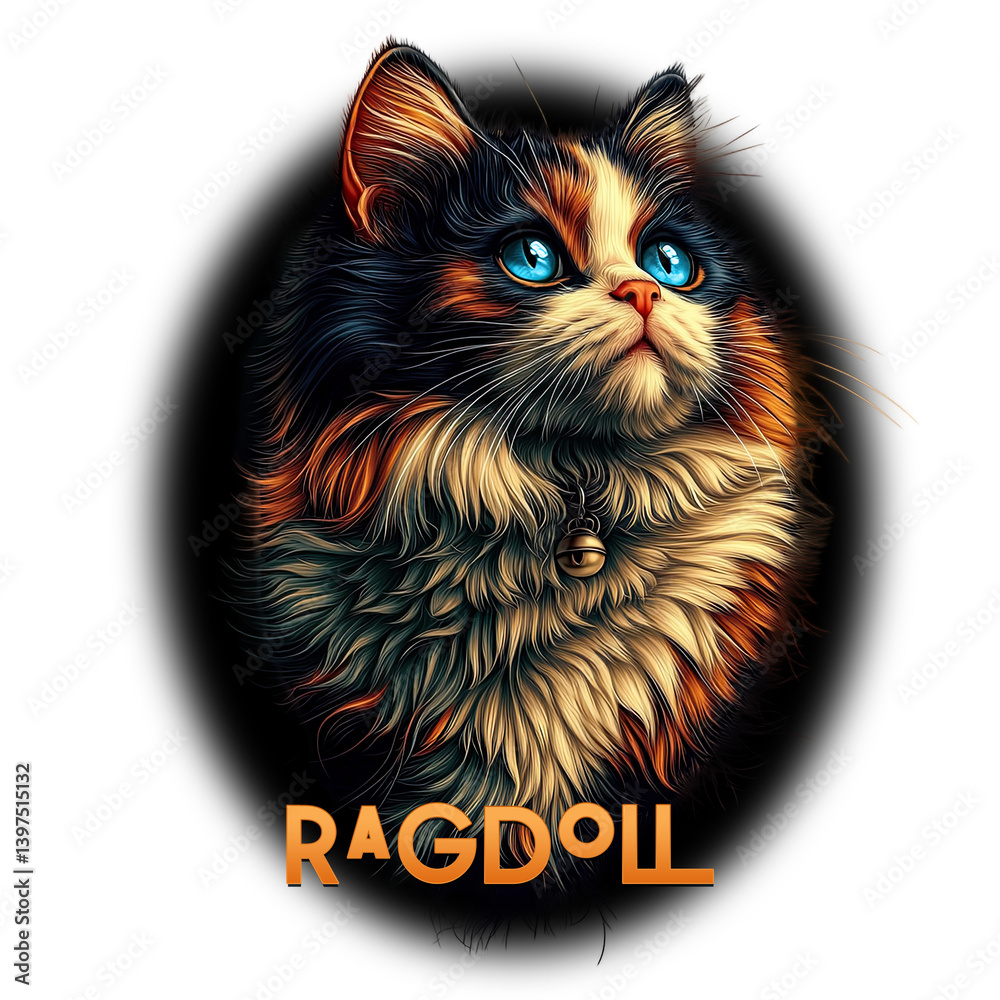 an artistic representation of a Ragdoll cat, which has a long, silky coat and striking blue eyes. The word