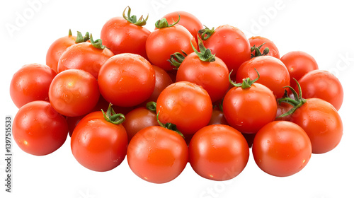 Pile of vibrant red cherry tomatoes against a stark black backdrop display