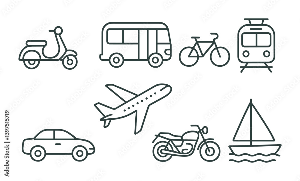 Transportation icons set: linear style featuring various vehicles and travel modes