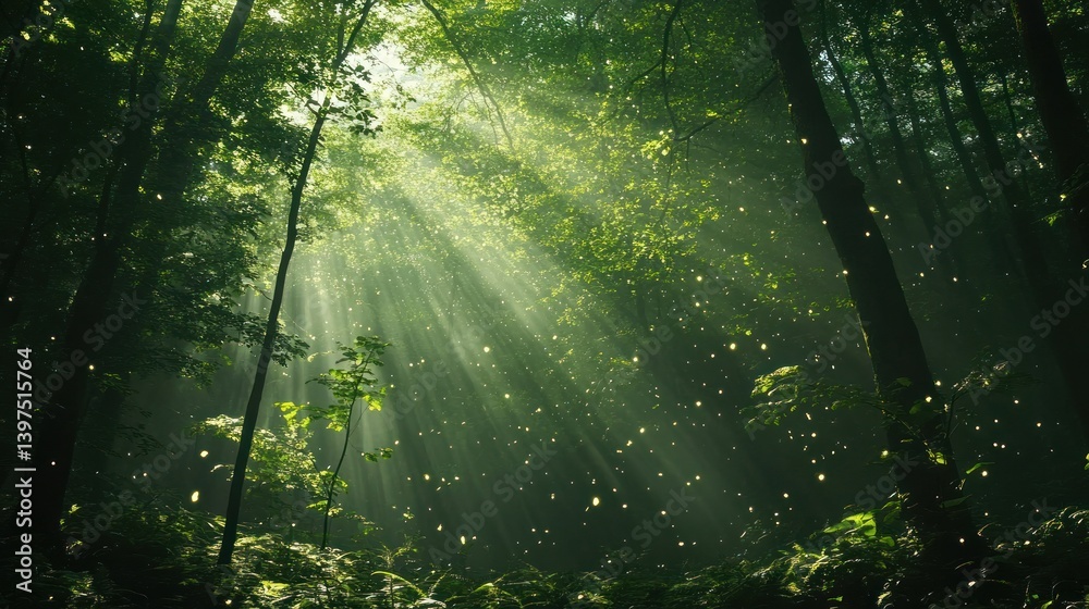 Obraz premium Sunlight streams through forest canopy
