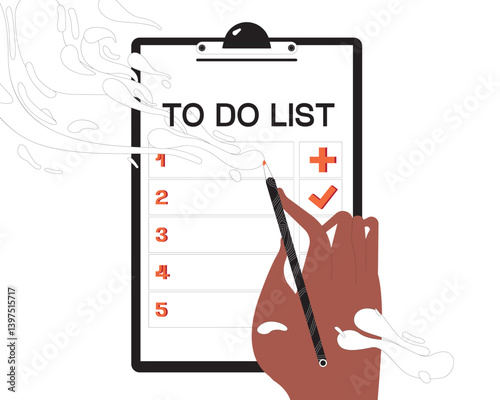 Writing daily plan on to-do list form. Hand with pen making todo notes on paper sheet on clipboard. Organizing personal time, schedule. Flat graphic vector illustration isolated on white background
