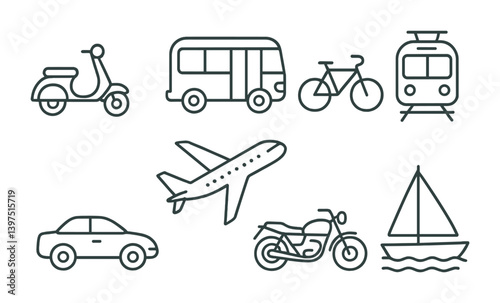 Transportation icons set: linear style featuring various vehicles and travel modes