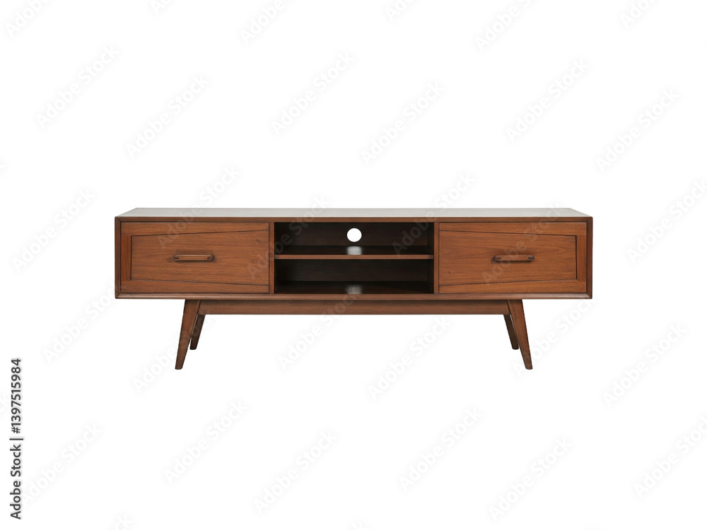 Mid-Century Modern Wooden Shelving Unit with Cabinets and Drawers isolated on transparent background Mid-Century Modern Wooden Shelving Unit with Cabinets and Drawers isolated on transparent background