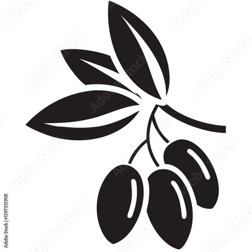 A bountiful olive branch laden with ripe olives, symbolizing peace and prosperity, rendered in bold black silhouette.