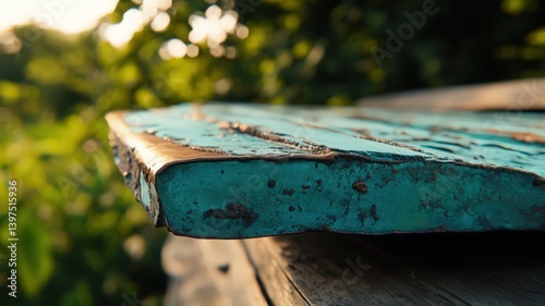 Weathered Teal Wood Plank Detail with Peeling Paint and Blurred Green Background under Natural Daylight