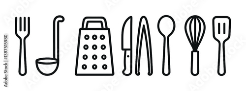 Minimalist kitchen utensils icon set in linear style for culinary applications