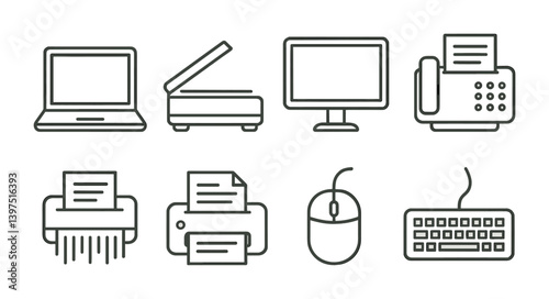 Office equipment icons set: linear style featuring essential devices and tools