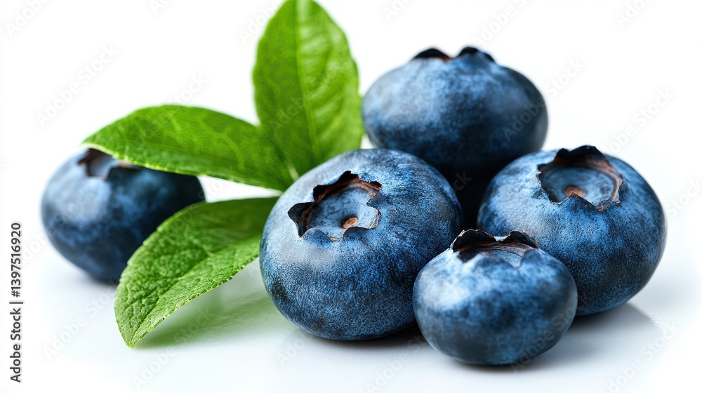 Fresh blueberries with vibrant green leaves on a bright background Fresh blueberries with vibrant green leaves on a bright background